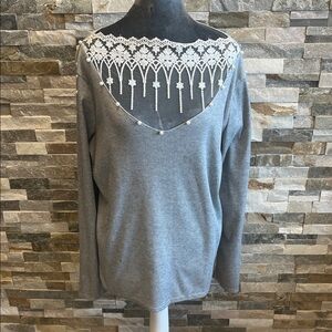 Grey Lace-Accent Women's Sweater Jacket 23 PTP